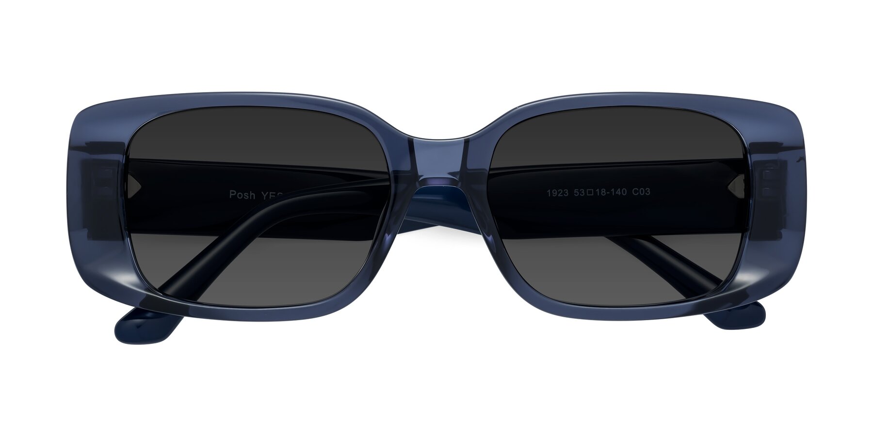 Folded Front of Posh in Translucent Blue with Gray Tinted Lenses
