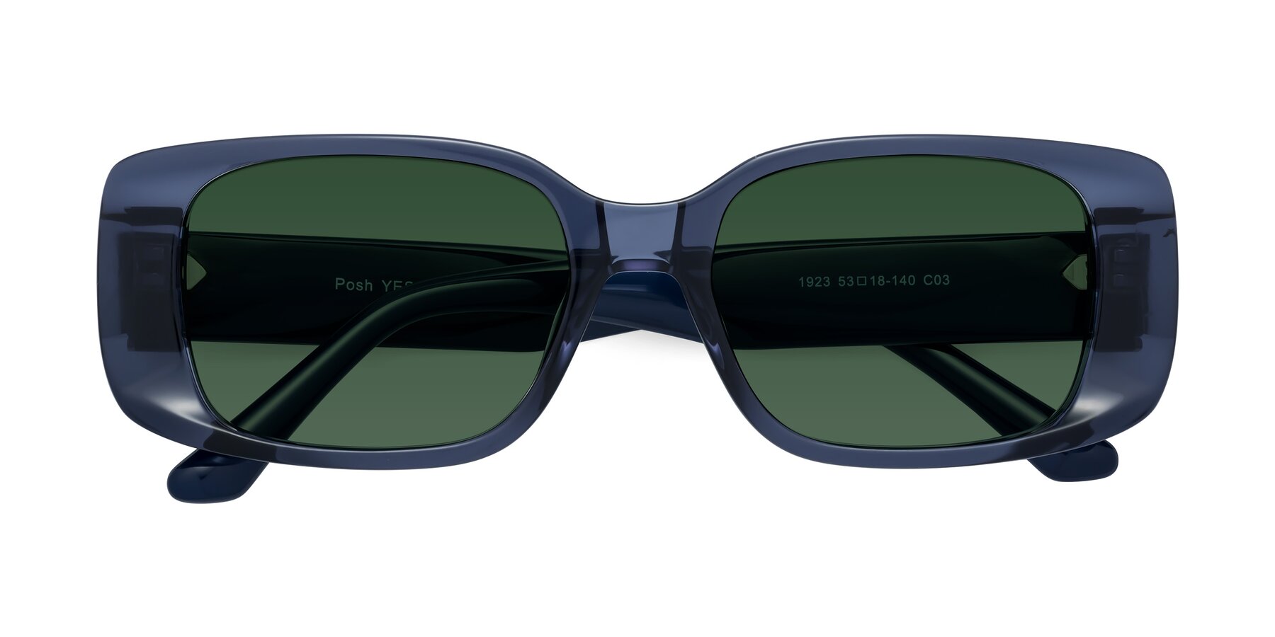 Folded Front of Posh in Translucent Blue with Green Tinted Lenses