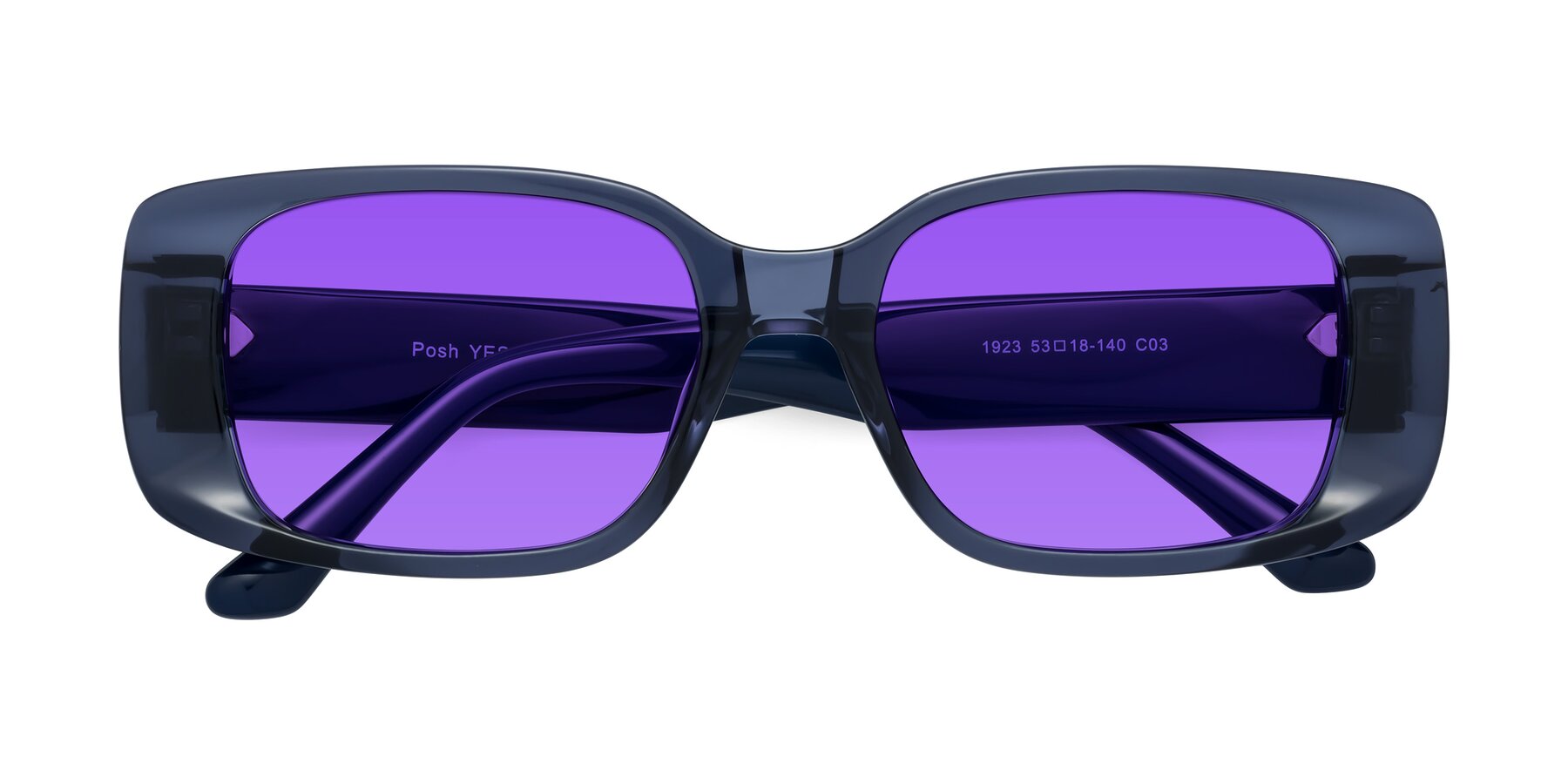 Folded Front of Posh in Translucent Blue with Purple Tinted Lenses