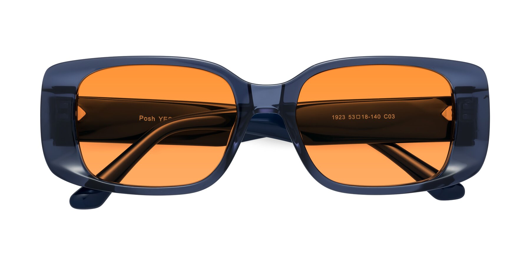 Folded Front of Posh in Translucent Blue with Orange Tinted Lenses