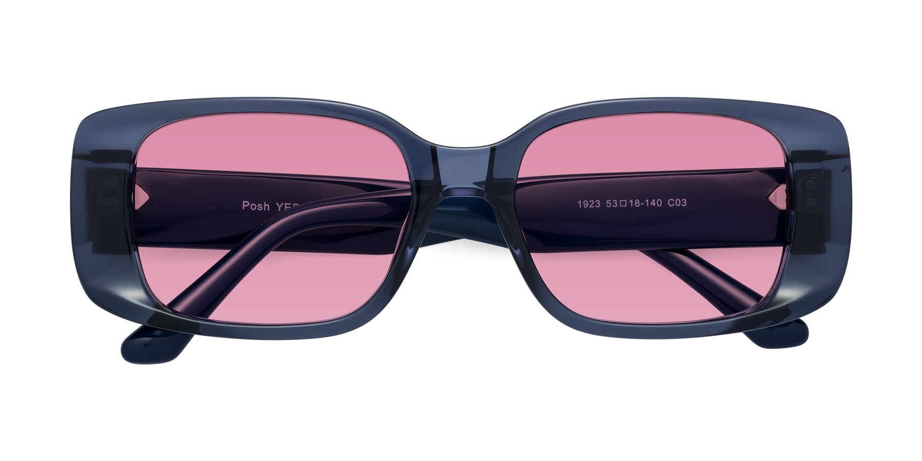 Folded Front of Posh in Translucent Blue with Medium Wine Tinted Lenses