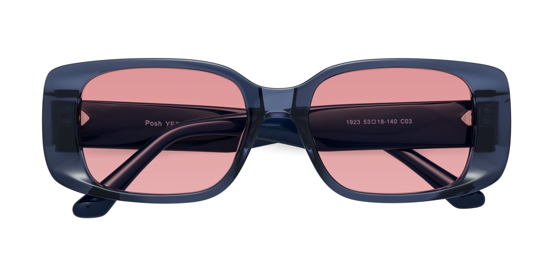 Folded Front of Posh in Translucent Blue with Medium Garnet Tinted Lenses