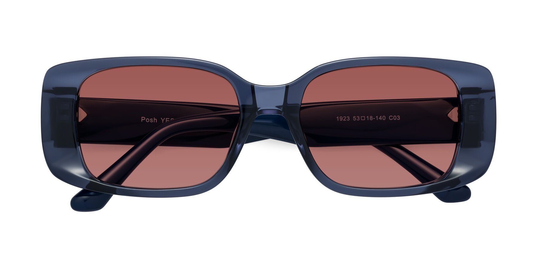 Folded Front of Posh in Translucent Blue with Garnet Tinted Lenses