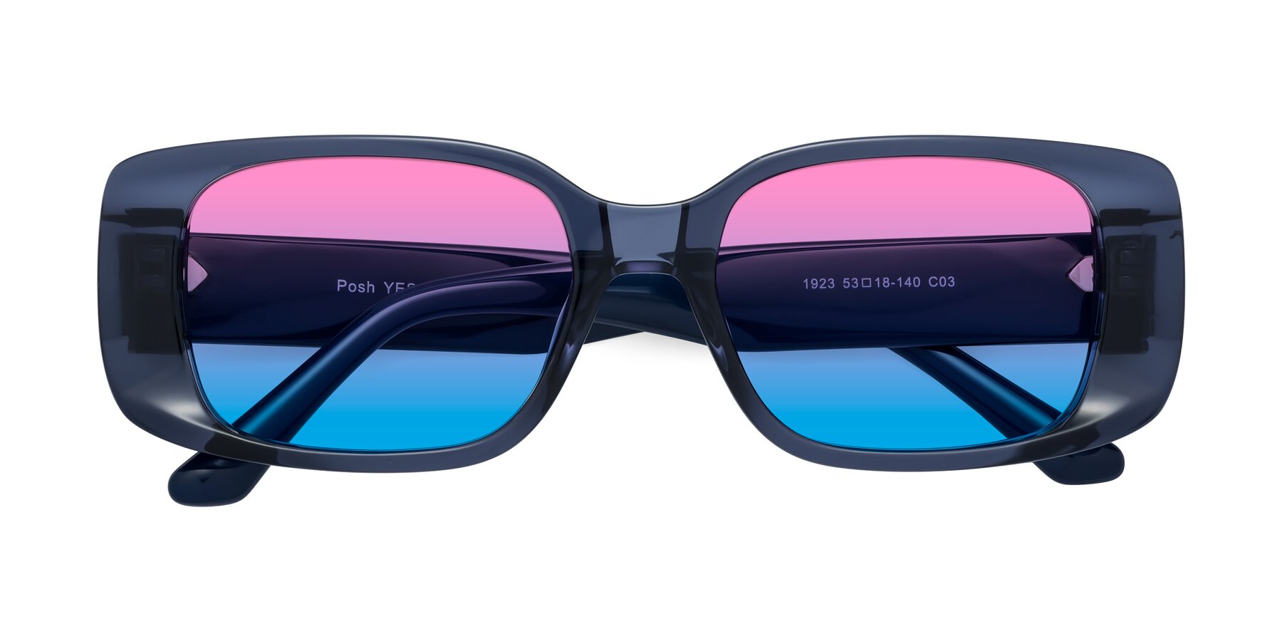 Folded Front of Posh in Translucent Blue with Pink / Blue Gradient Lenses