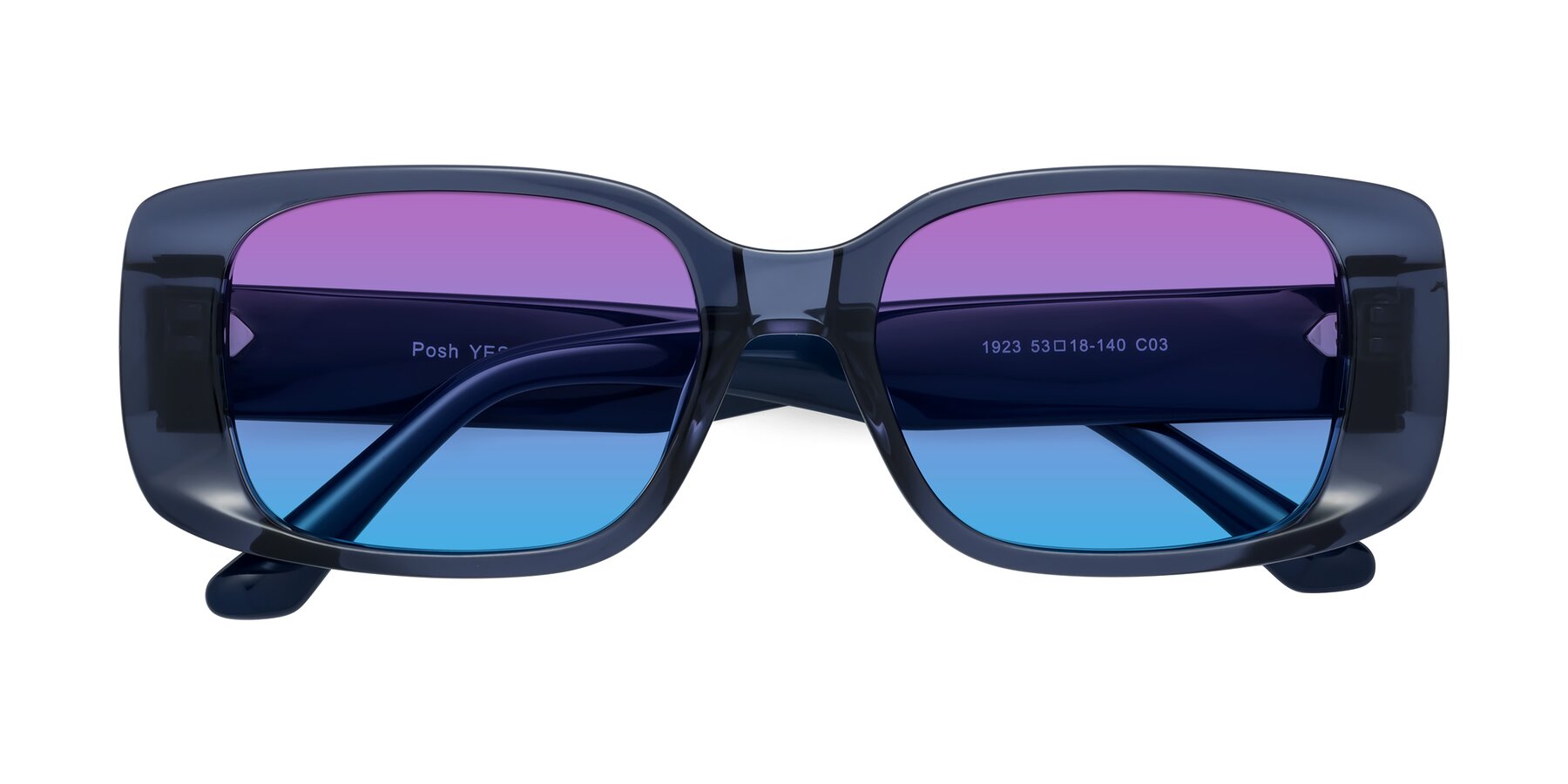 Folded Front of Posh in Translucent Blue with Purple / Blue Gradient Lenses