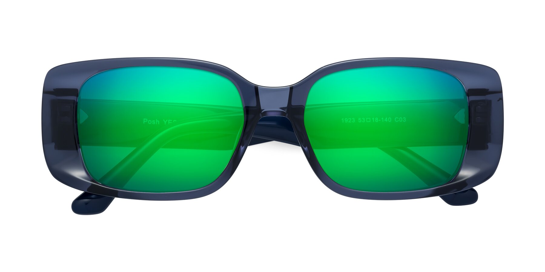 Folded Front of Posh in Translucent Blue with Green Mirrored Lenses