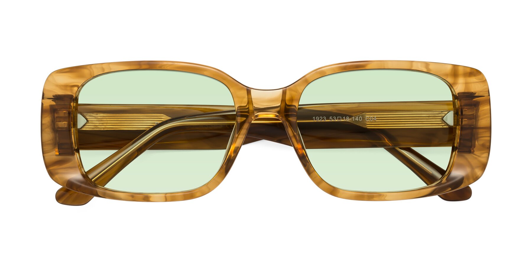 Folded Front of Posh in Stripe Amber with Light Green Tinted Lenses