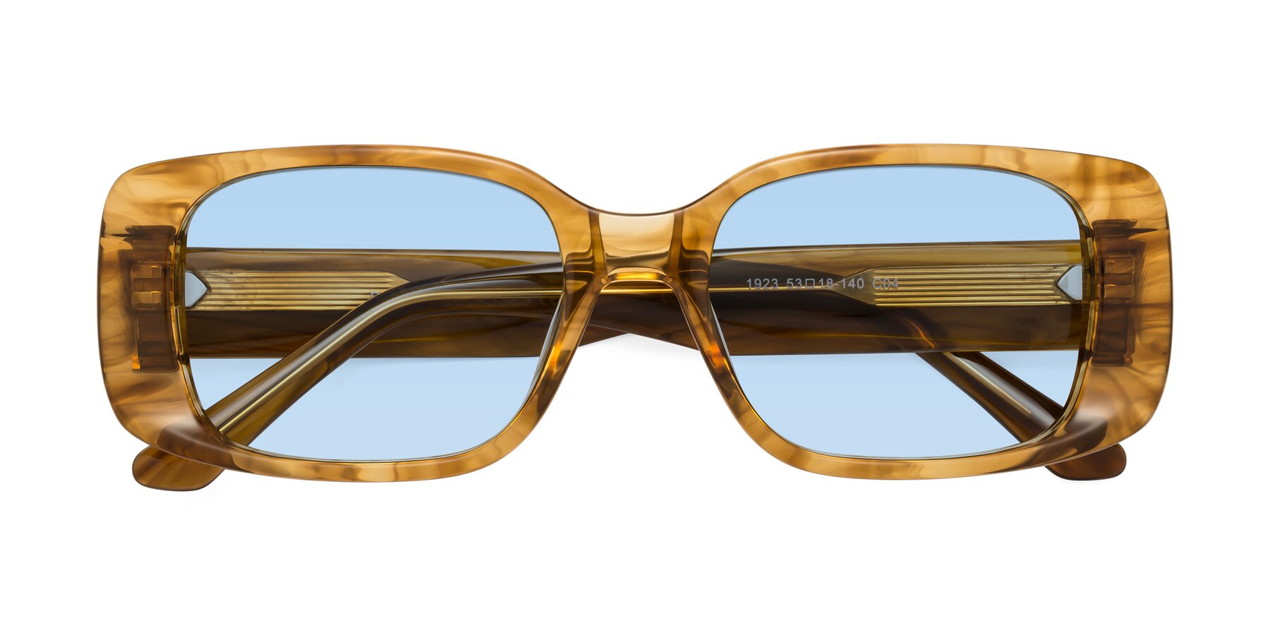 Folded Front of Posh in Stripe Amber with Light Blue Tinted Lenses