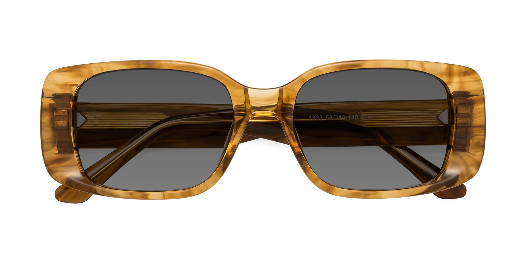 Folded Front of Posh in Stripe Amber with Medium Gray Tinted Lenses