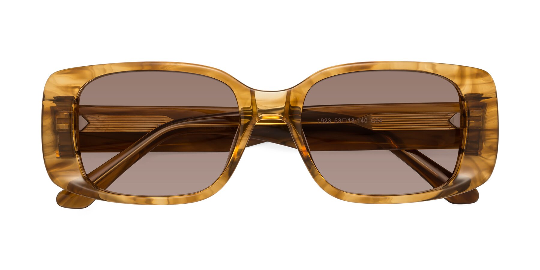 Folded Front of Posh in Stripe Amber with Medium Brown Tinted Lenses