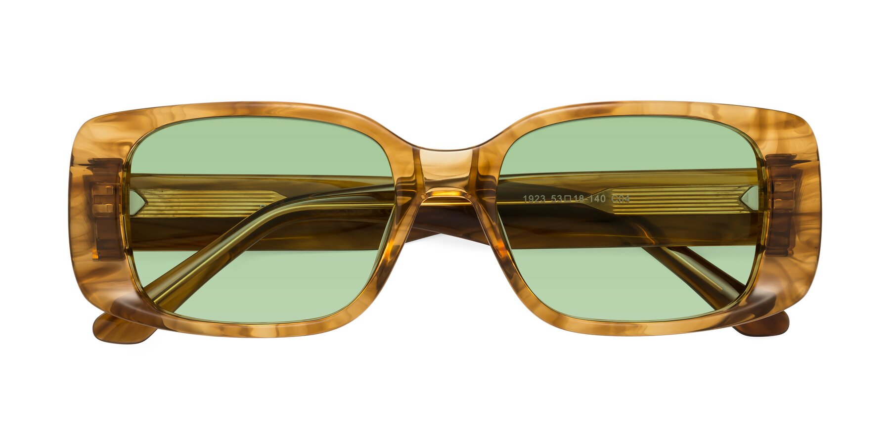 Folded Front of Posh in Stripe Amber with Medium Green Tinted Lenses