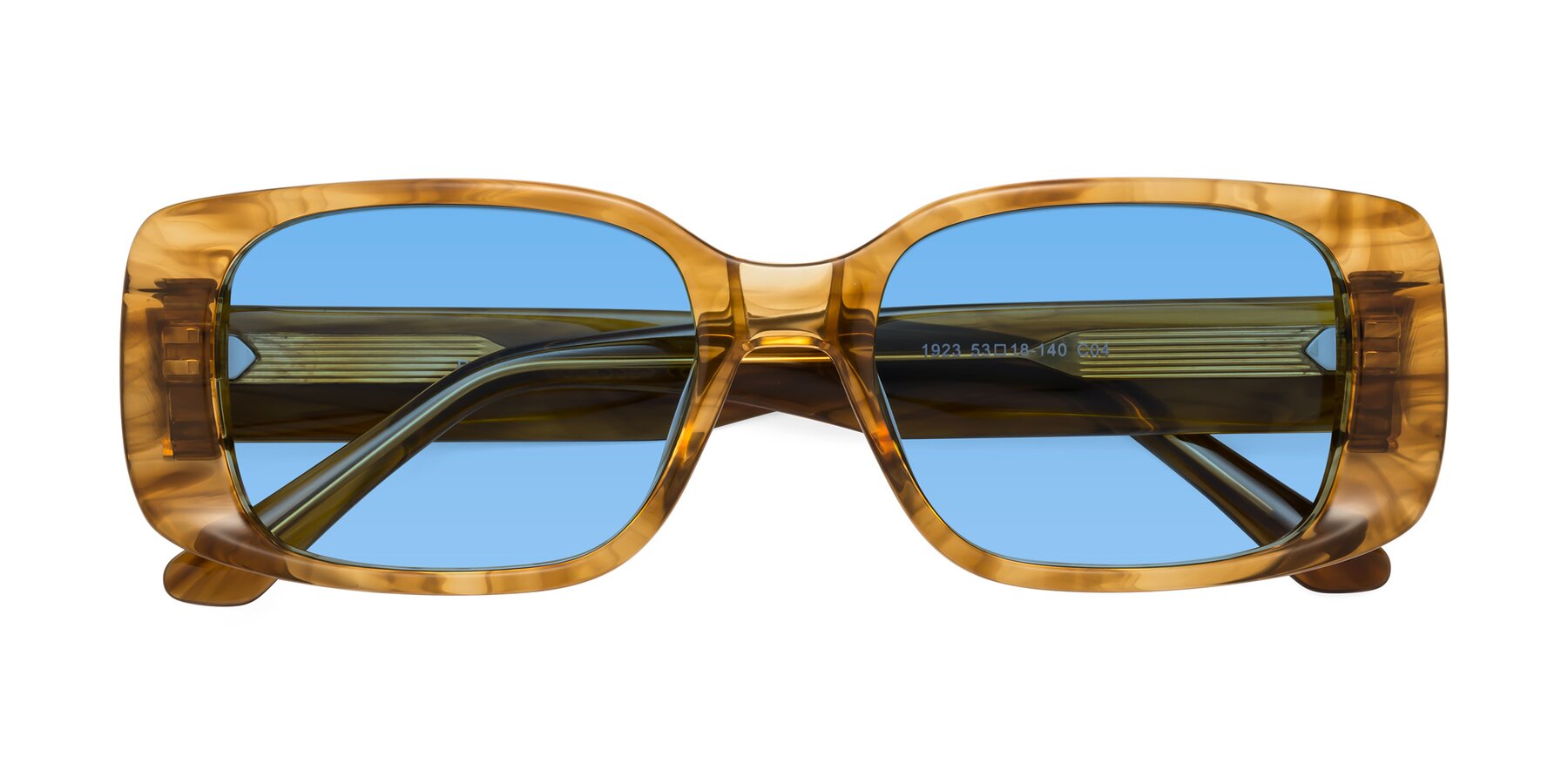 Folded Front of Posh in Stripe Amber with Medium Blue Tinted Lenses
