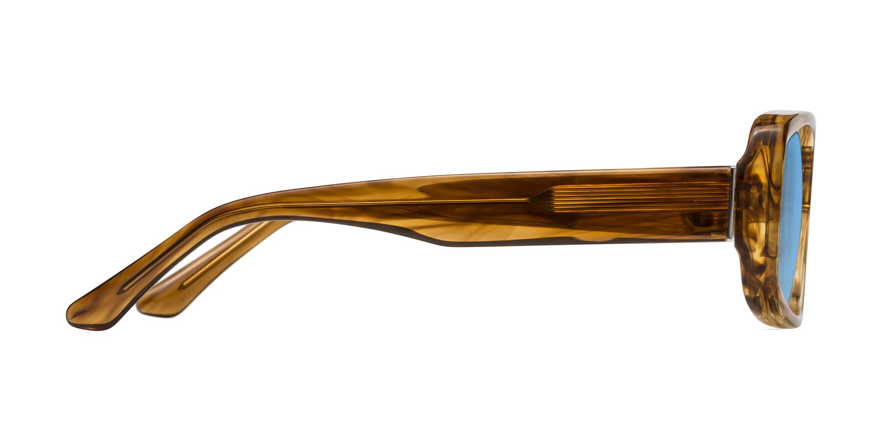 Side of Posh in Stripe Amber with Medium Blue Tinted Lenses