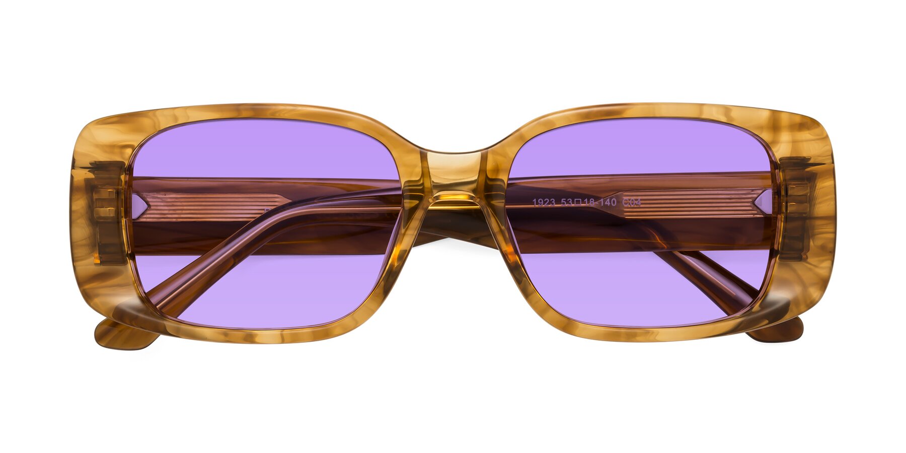 Folded Front of Posh in Stripe Amber with Medium Purple Tinted Lenses