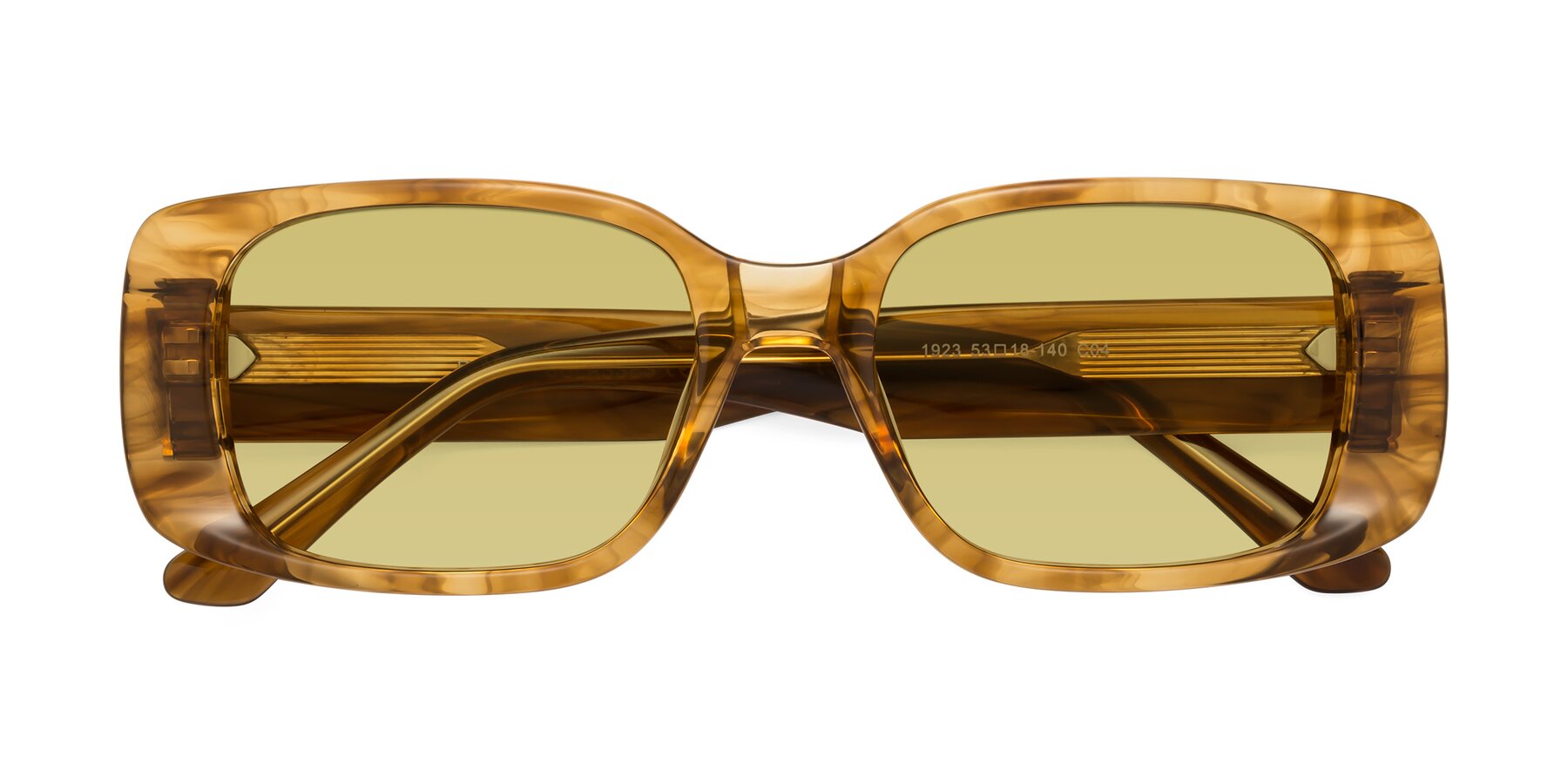Folded Front of Posh in Stripe Amber with Medium Champagne Tinted Lenses