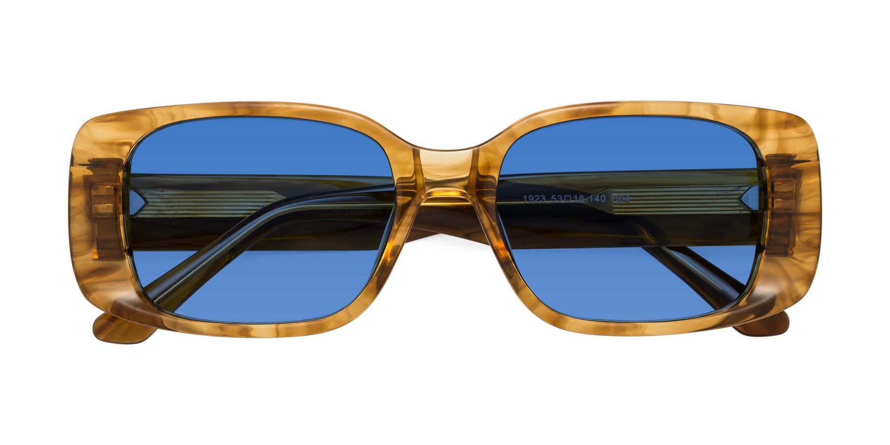 Folded Front of Posh in Stripe Amber with Blue Tinted Lenses