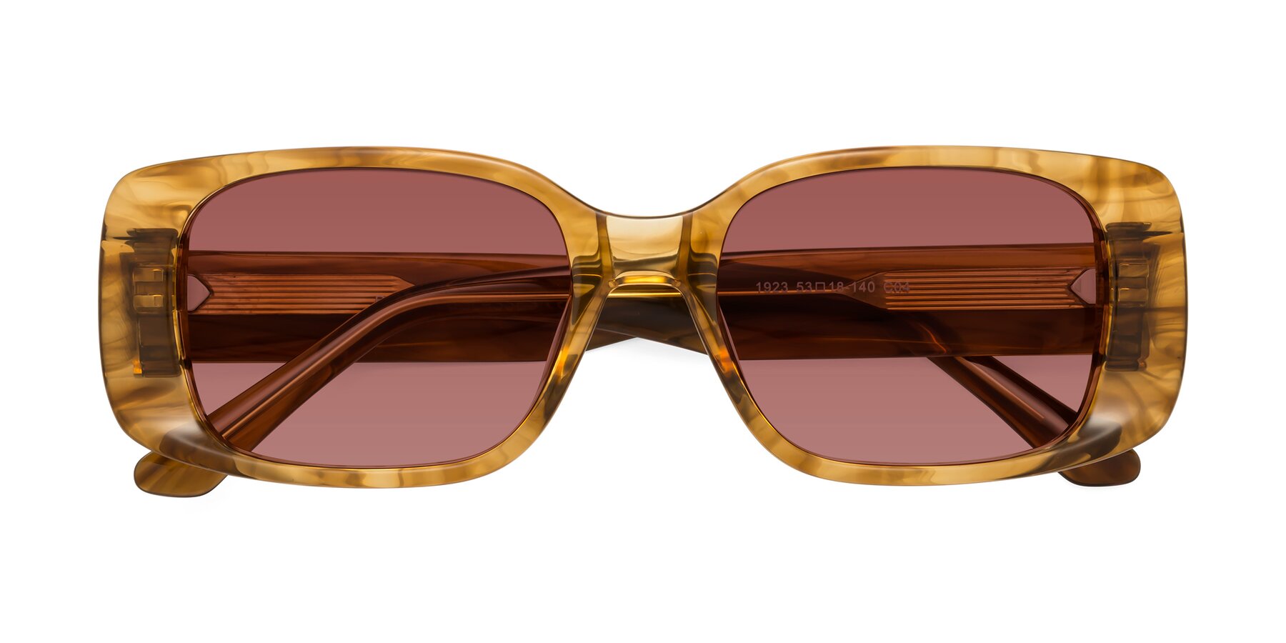 Folded Front of Posh in Stripe Amber with Garnet Tinted Lenses