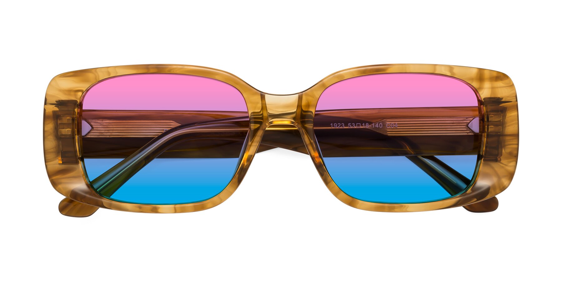 Folded Front of Posh in Stripe Amber with Pink / Blue Gradient Lenses