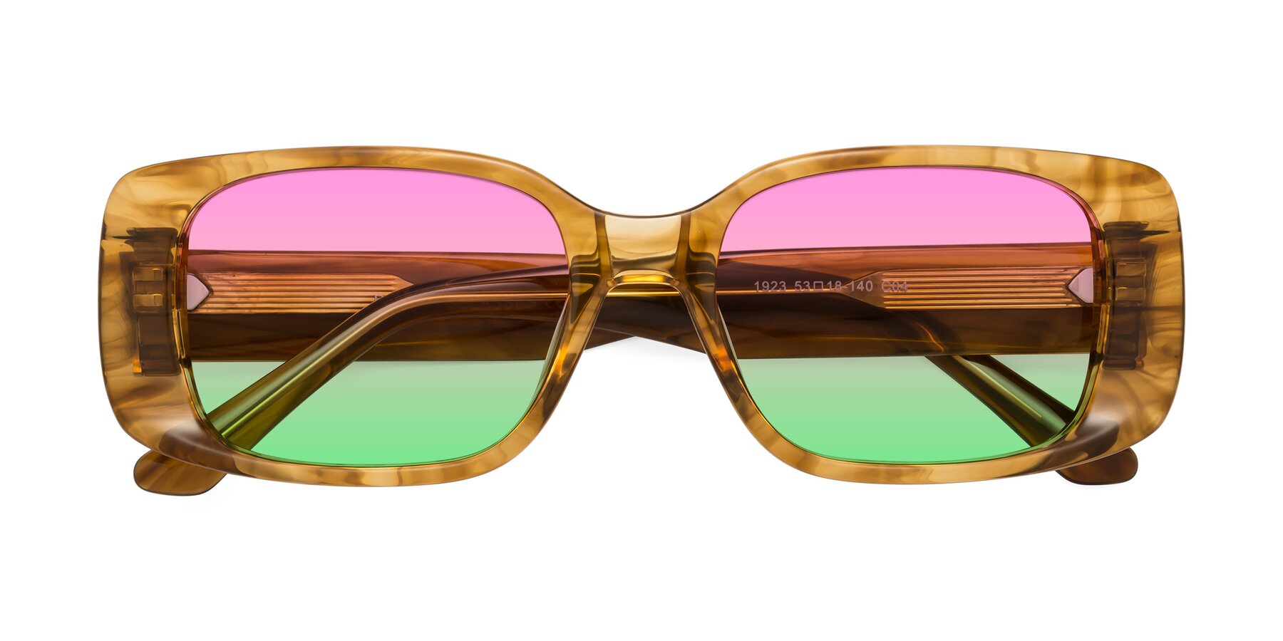 Folded Front of Posh in Stripe Amber with Pink / Green Gradient Lenses