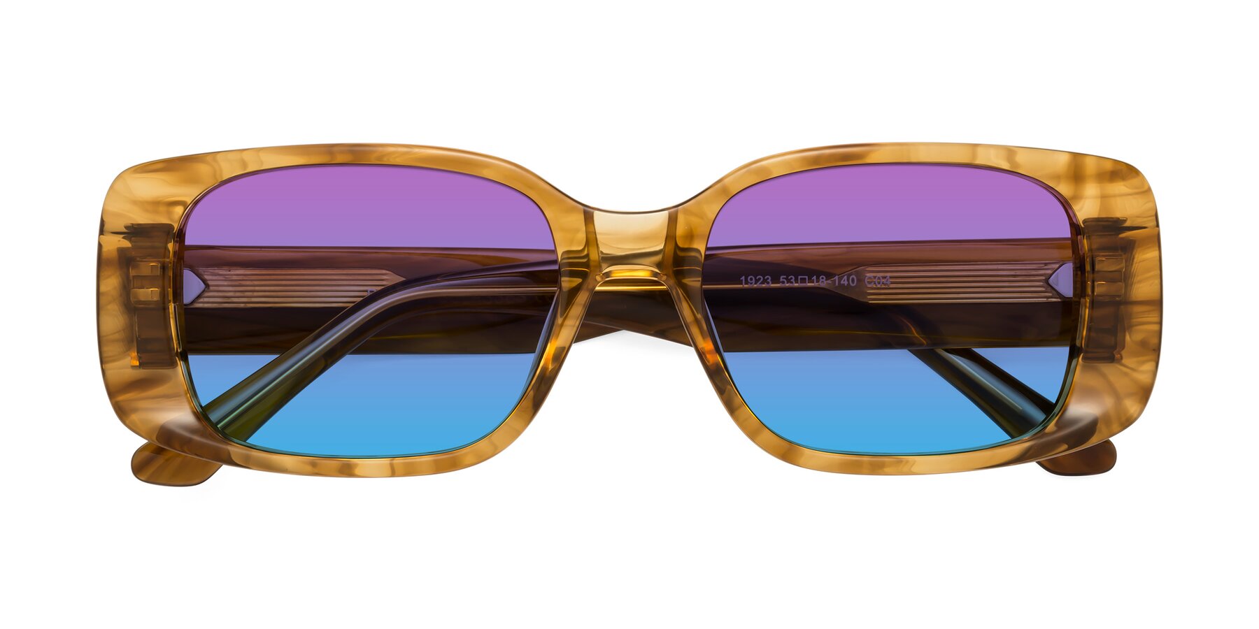 Folded Front of Posh in Stripe Amber with Purple / Blue Gradient Lenses
