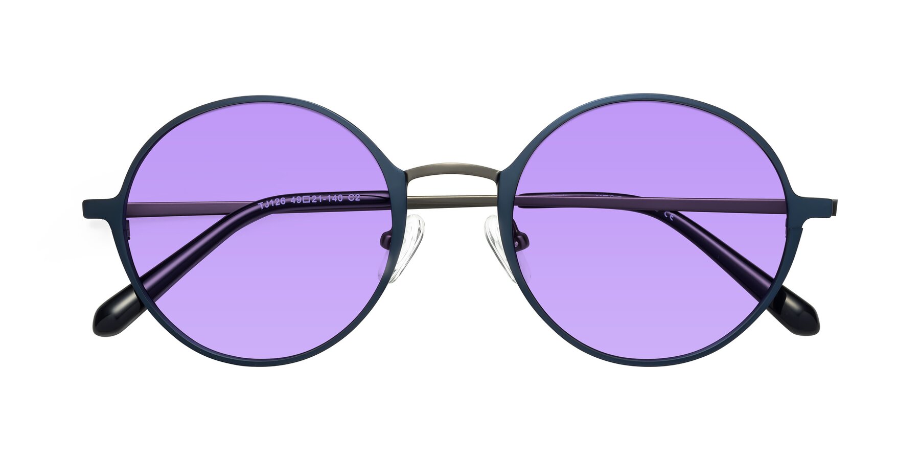 Folded Front of Calloway in Navy-Gunmetal with Medium Purple Tinted Lenses