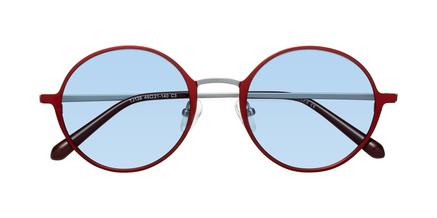 Folded Front of Calloway in Wine-Silver with Light Blue Tinted Lenses