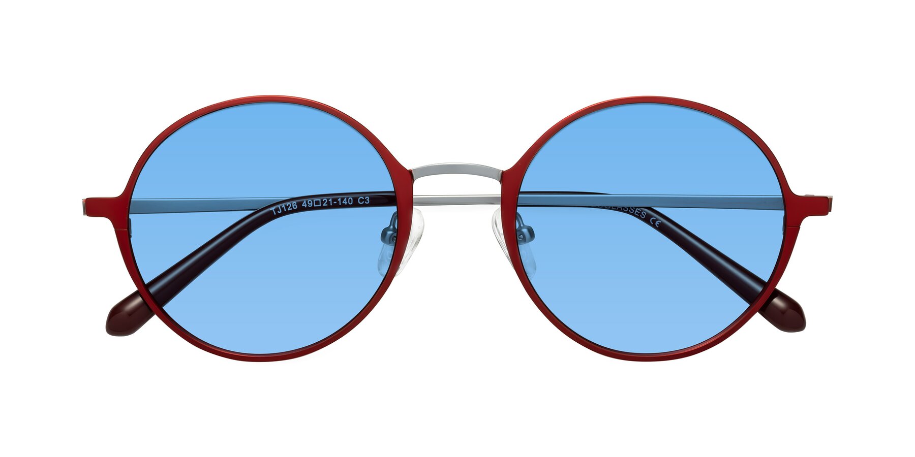 Folded Front of Calloway in Wine-Silver with Medium Blue Tinted Lenses