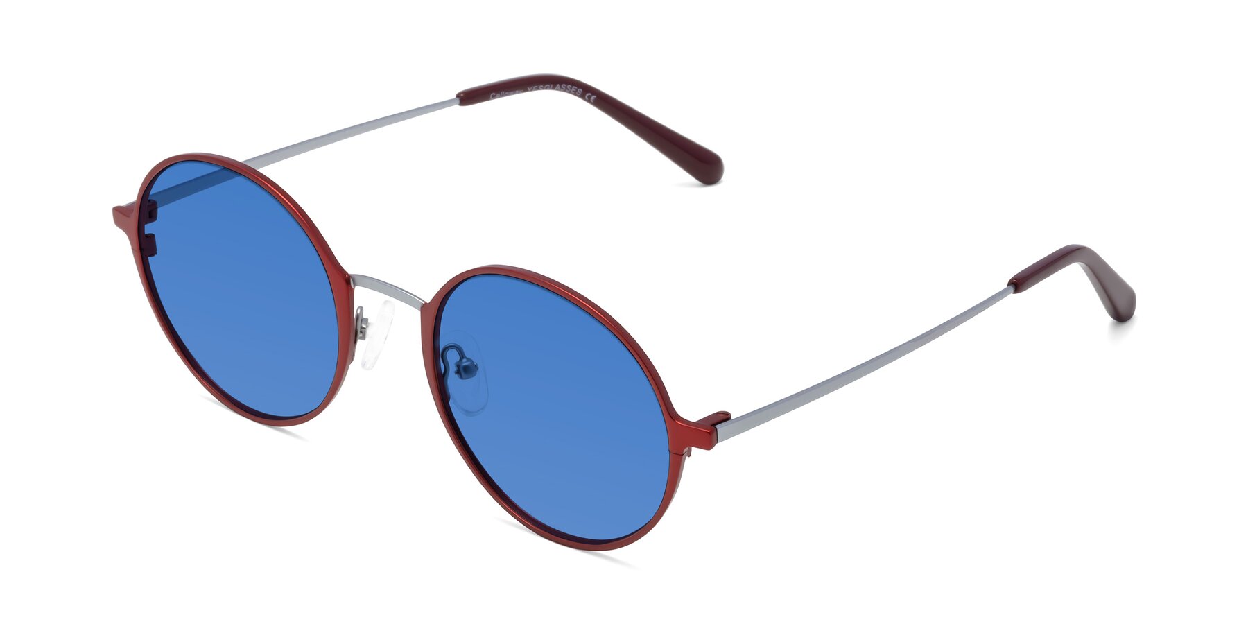 Angle of Calloway in Wine-Silver with Blue Tinted Lenses