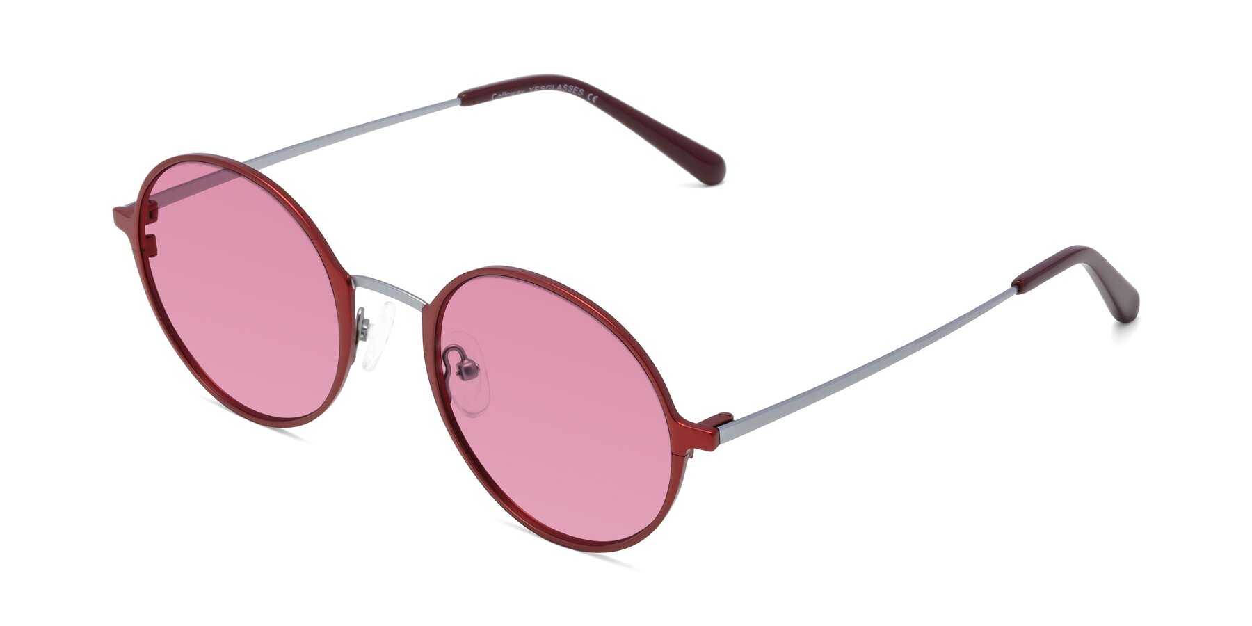 Angle of Calloway in Wine-Silver with Medium Wine Tinted Lenses