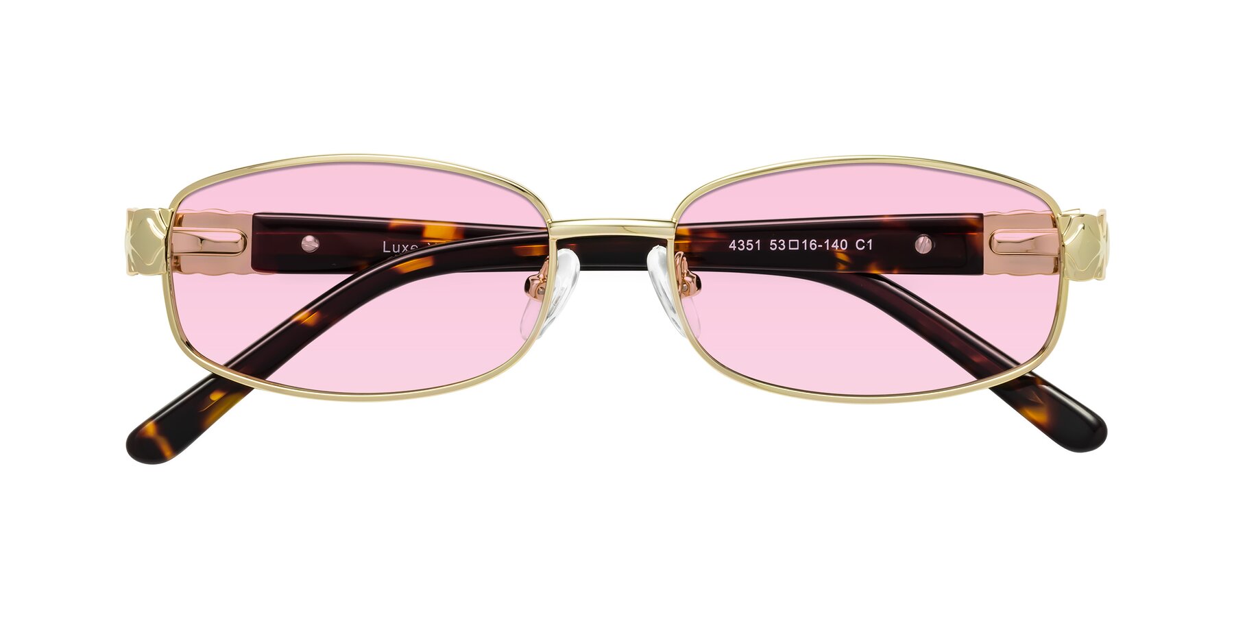 Folded Front of Luxe in Gold with Light Pink Tinted Lenses