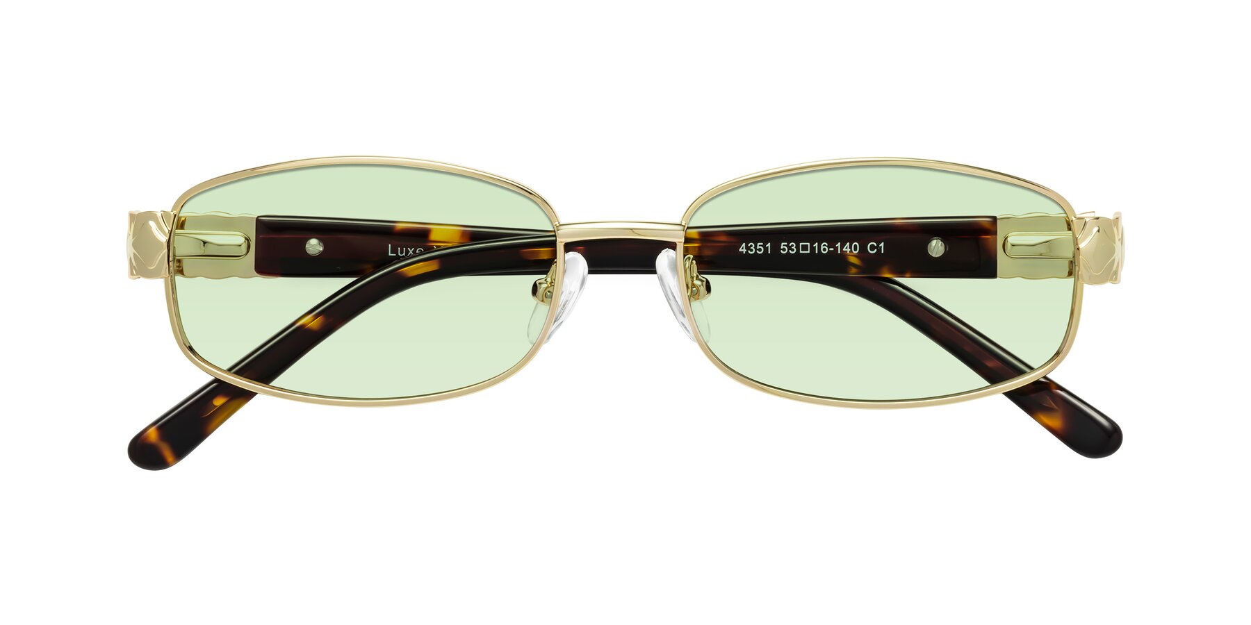 Folded Front of Luxe in Gold with Light Green Tinted Lenses