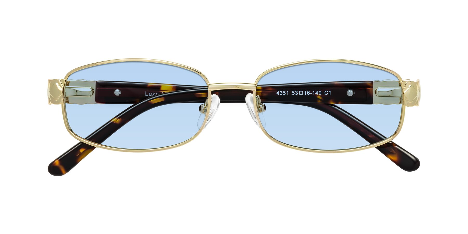 Folded Front of Luxe in Gold with Light Blue Tinted Lenses