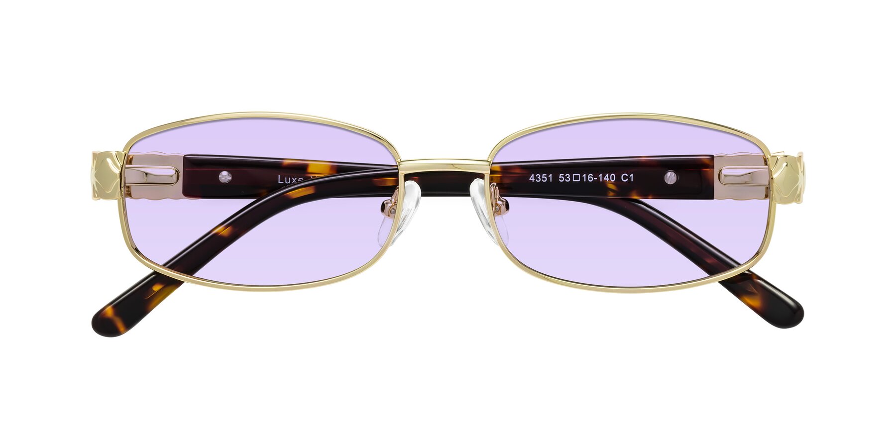 Folded Front of Luxe in Gold with Light Purple Tinted Lenses