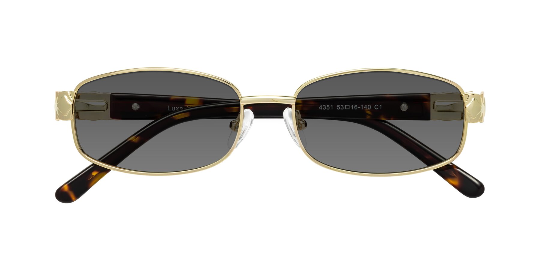 Folded Front of Luxe in Gold with Medium Gray Tinted Lenses