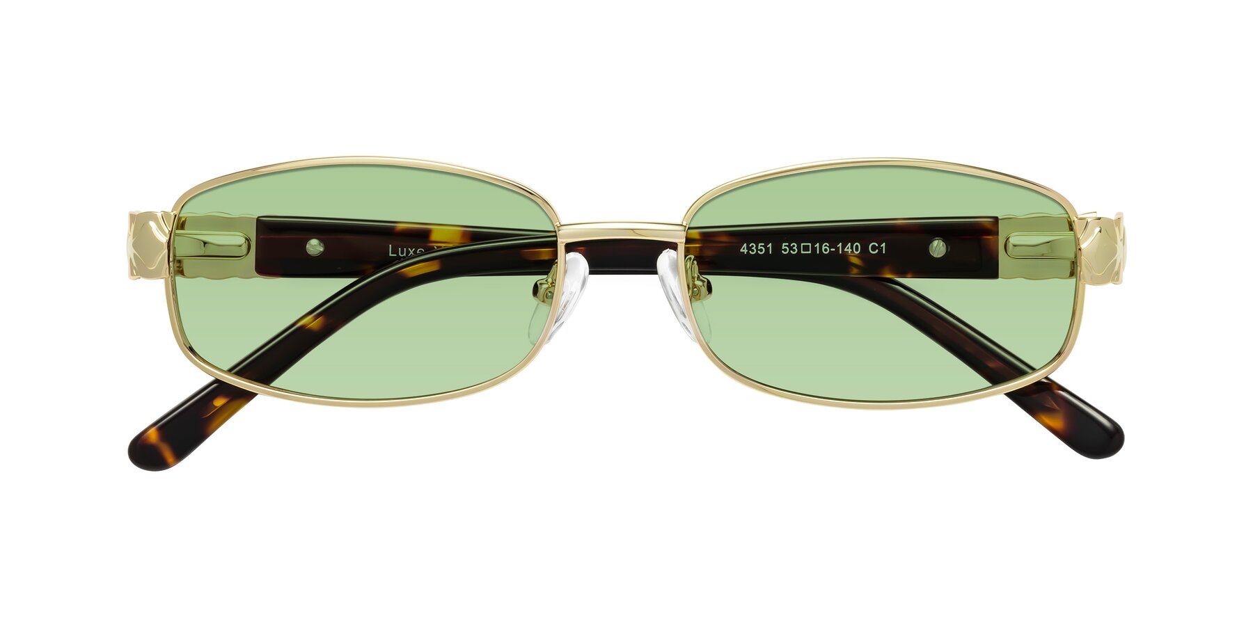 Folded Front of Luxe in Gold with Medium Green Tinted Lenses