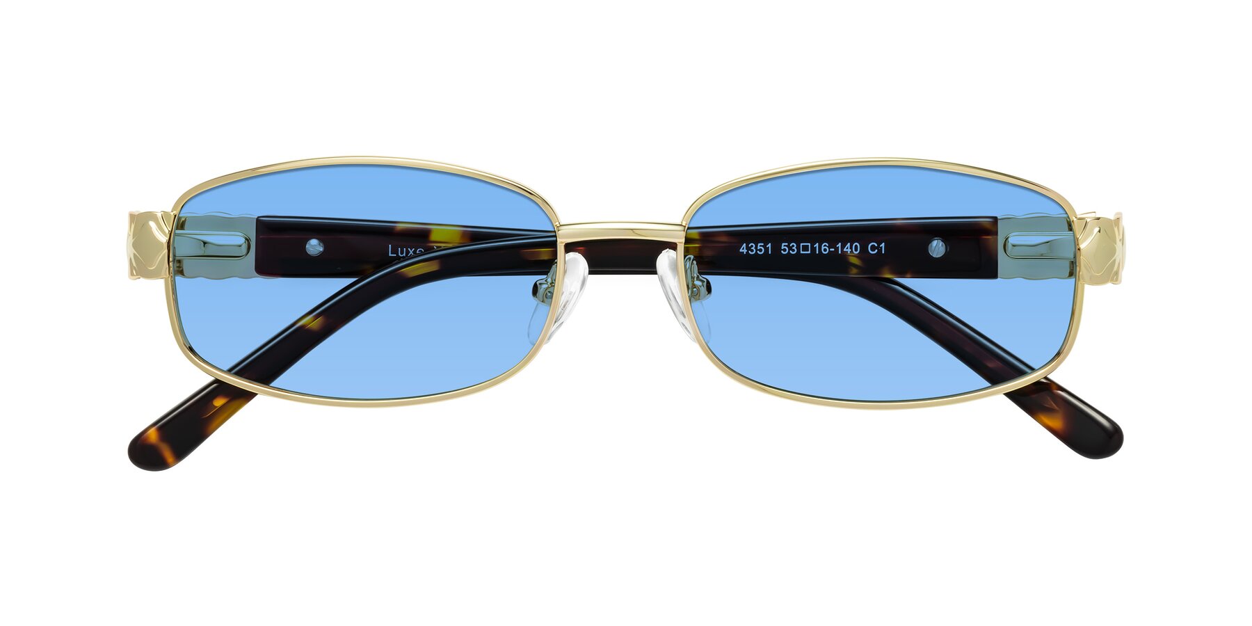 Folded Front of Luxe in Gold with Medium Blue Tinted Lenses