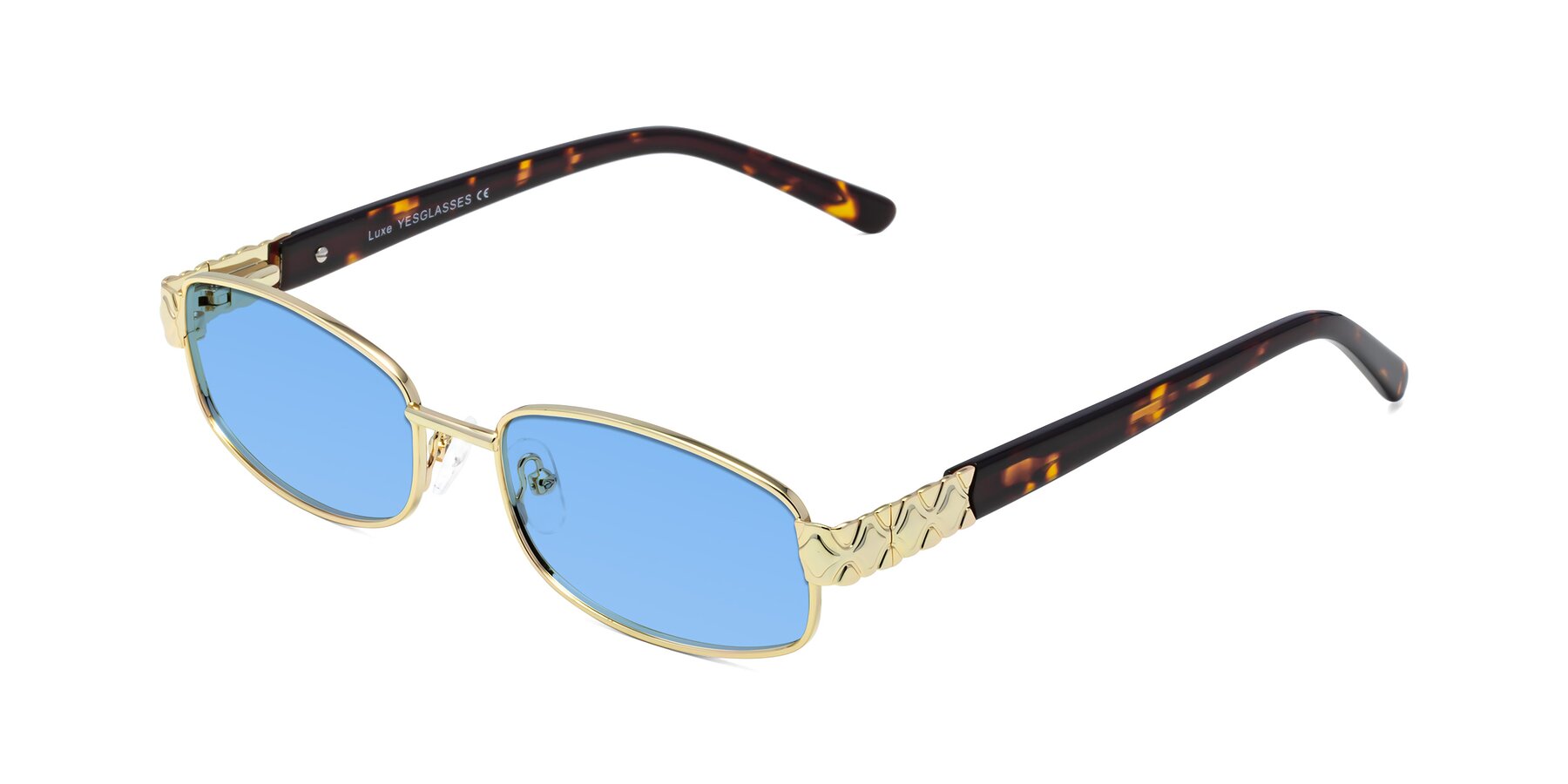 Angle of Luxe in Gold with Medium Blue Tinted Lenses