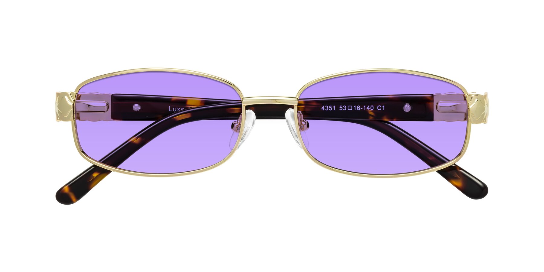 Folded Front of Luxe in Gold with Medium Purple Tinted Lenses