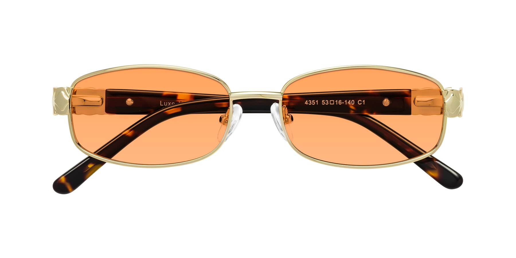 Folded Front of Luxe in Gold with Medium Orange Tinted Lenses