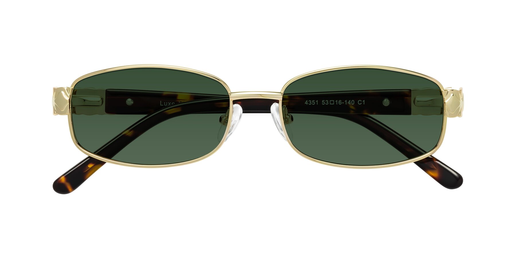 Folded Front of Luxe in Gold with Green Tinted Lenses