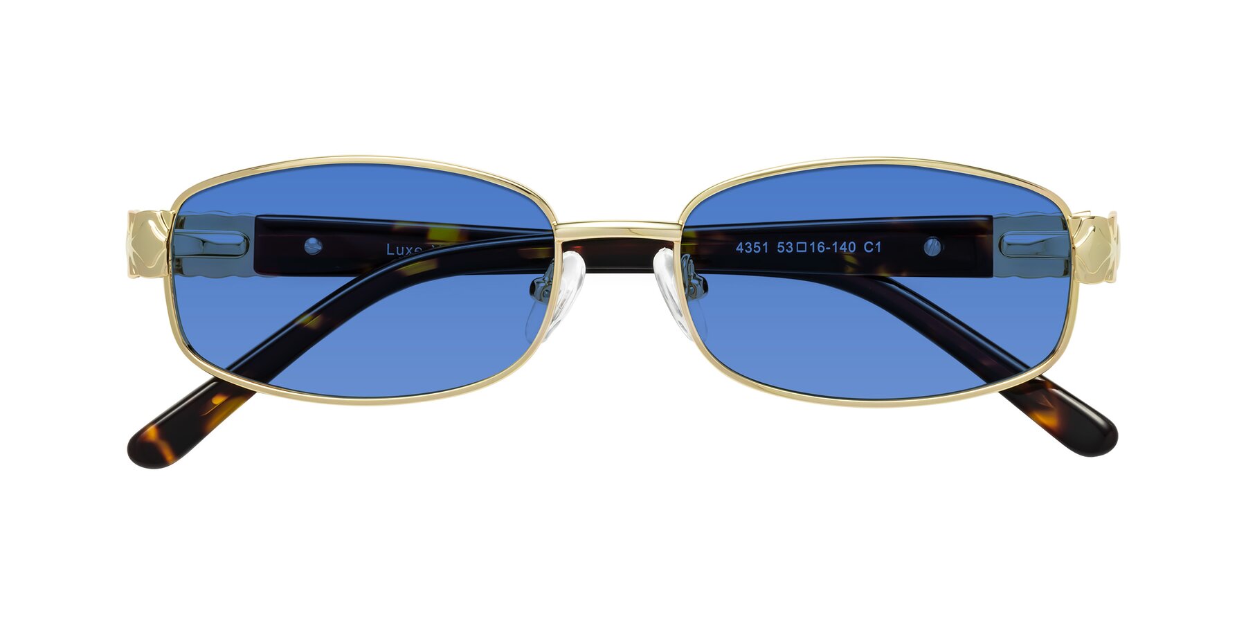 Folded Front of Luxe in Gold with Blue Tinted Lenses