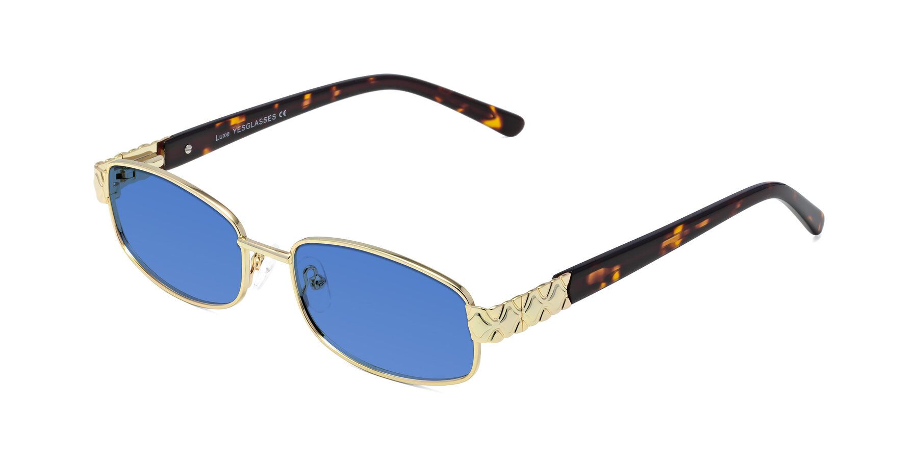 Angle of Luxe in Gold with Blue Tinted Lenses