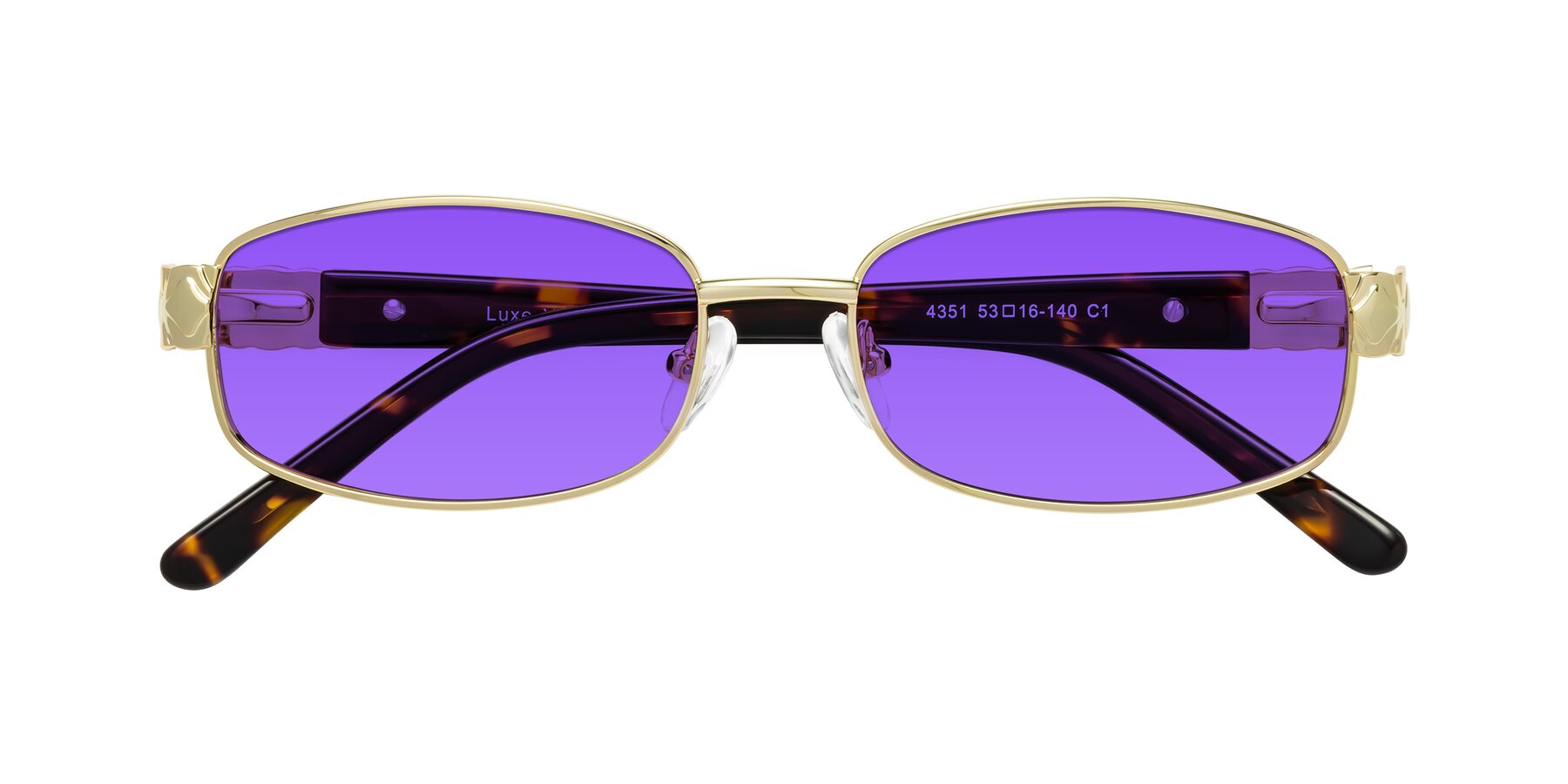 Folded Front of Luxe in Gold with Purple Tinted Lenses