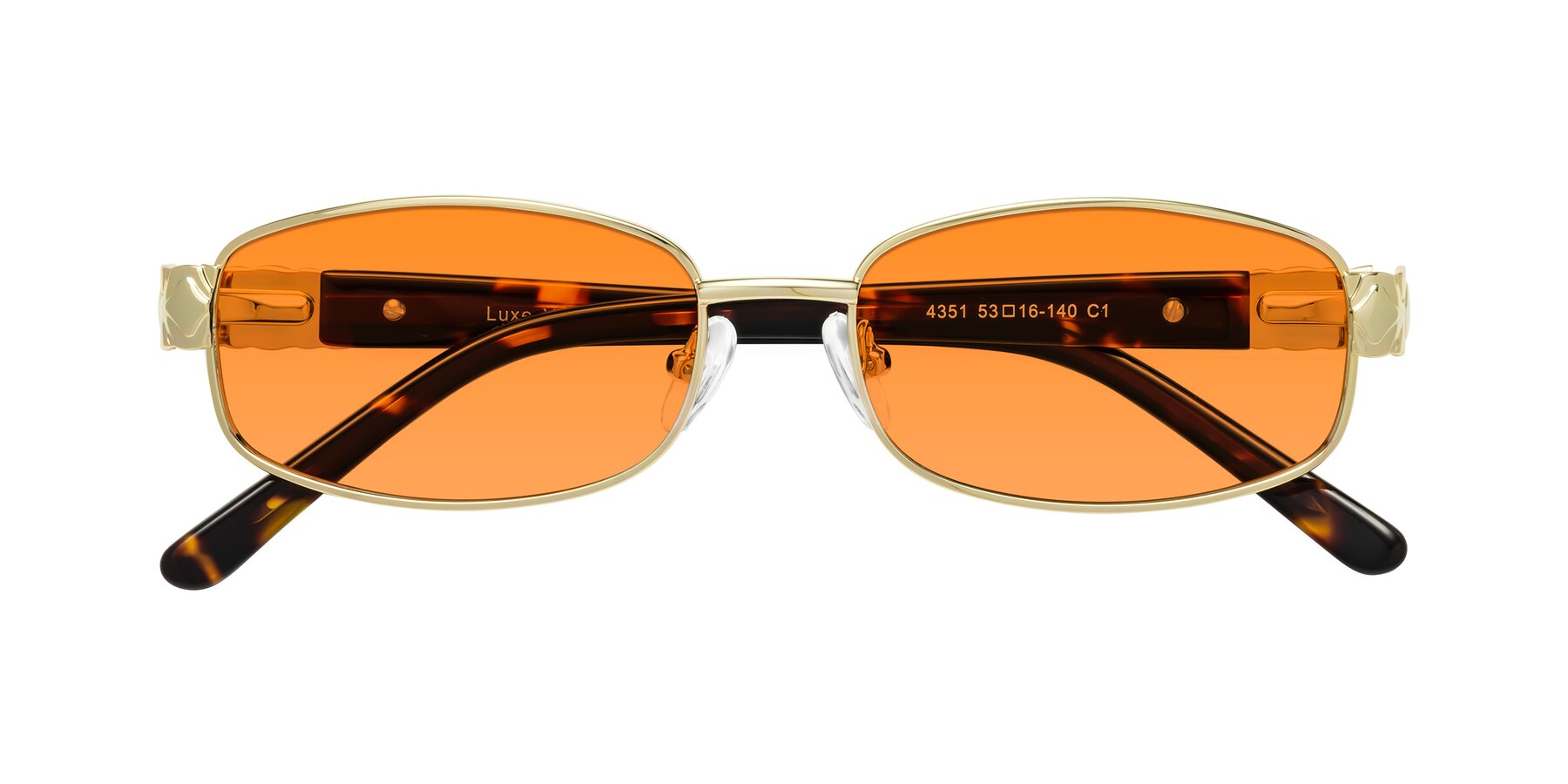 Folded Front of Luxe in Gold with Orange Tinted Lenses