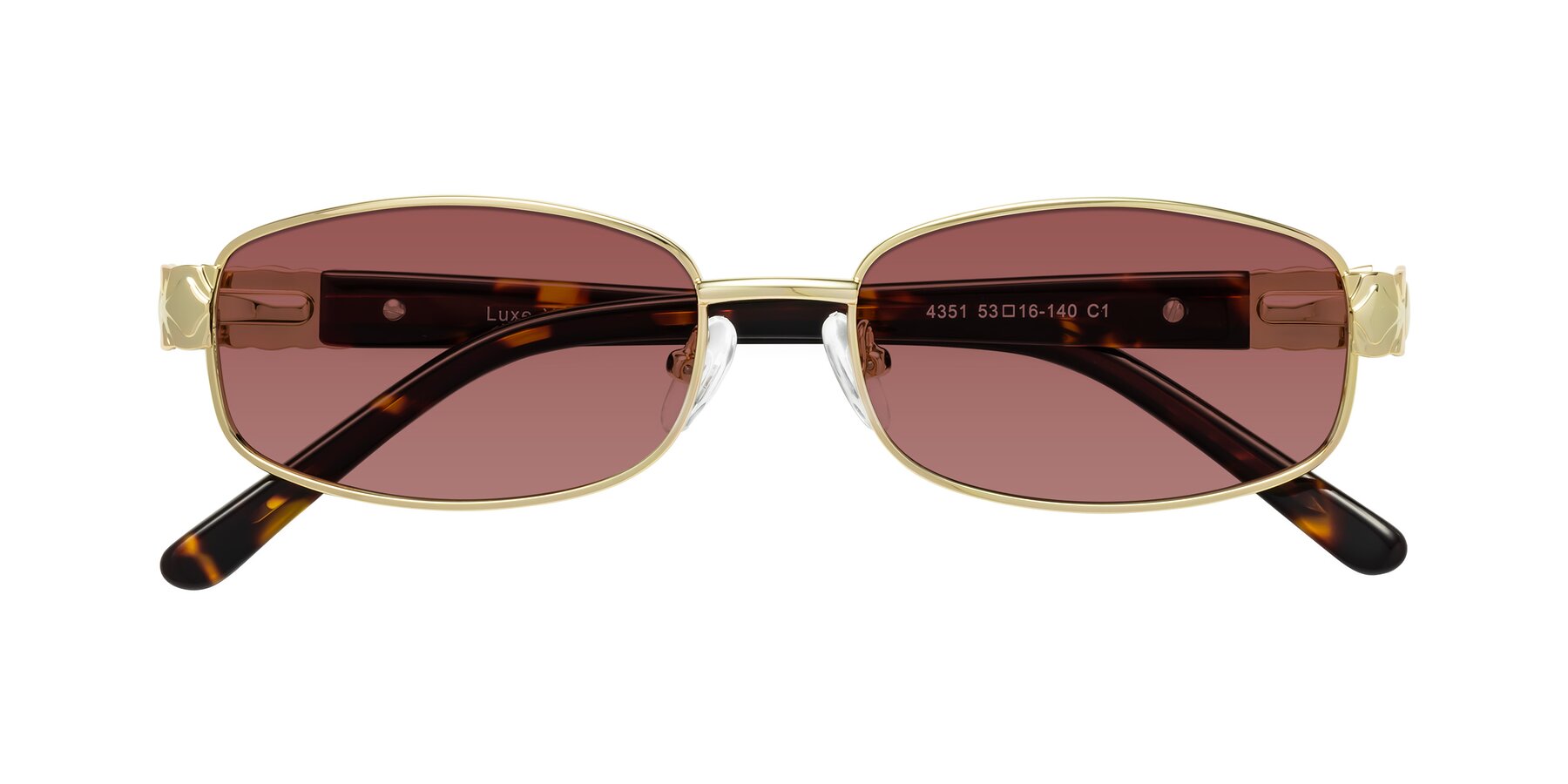 Folded Front of Luxe in Gold with Garnet Tinted Lenses