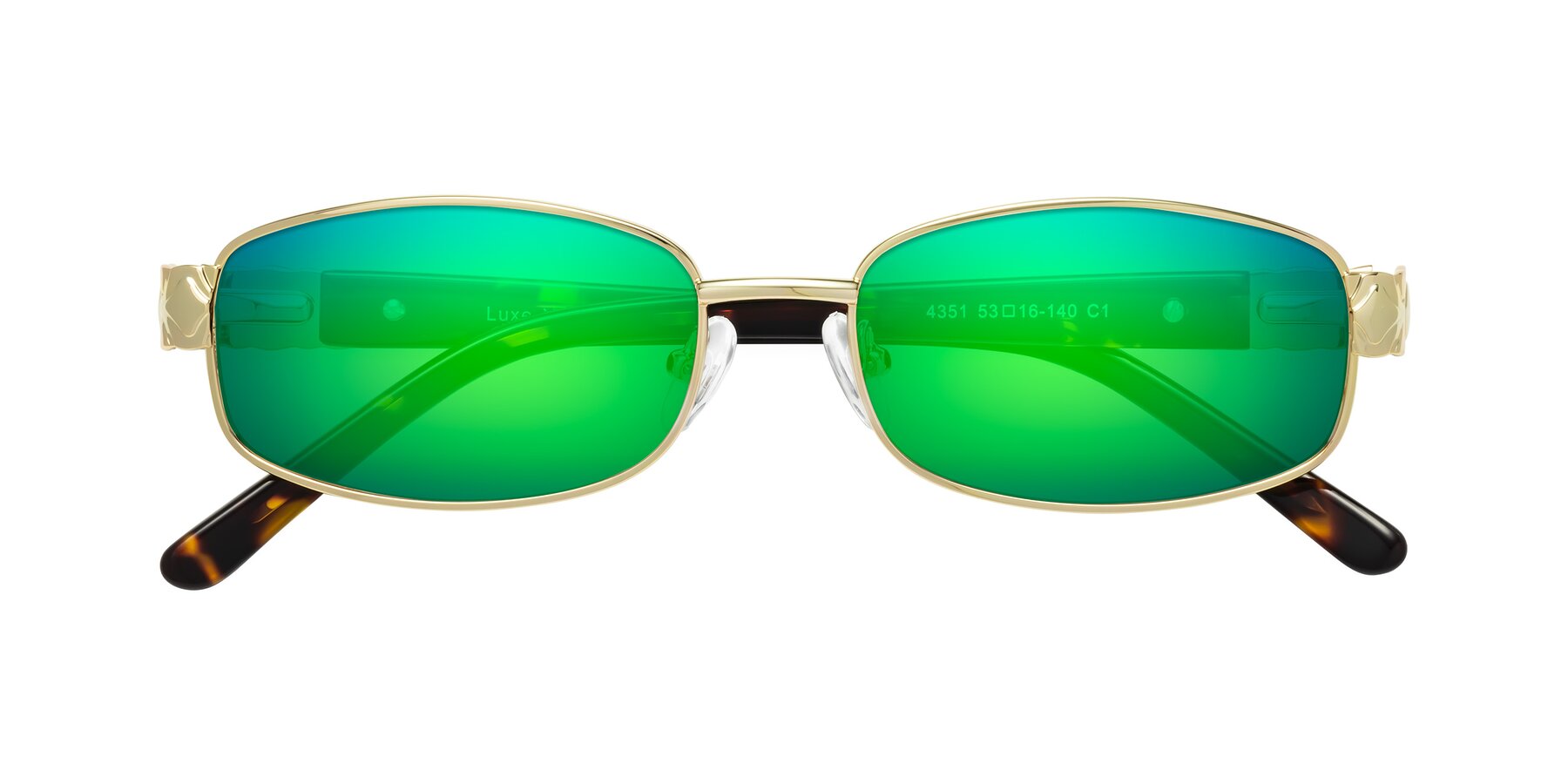 Folded Front of Luxe in Gold with Green Mirrored Lenses
