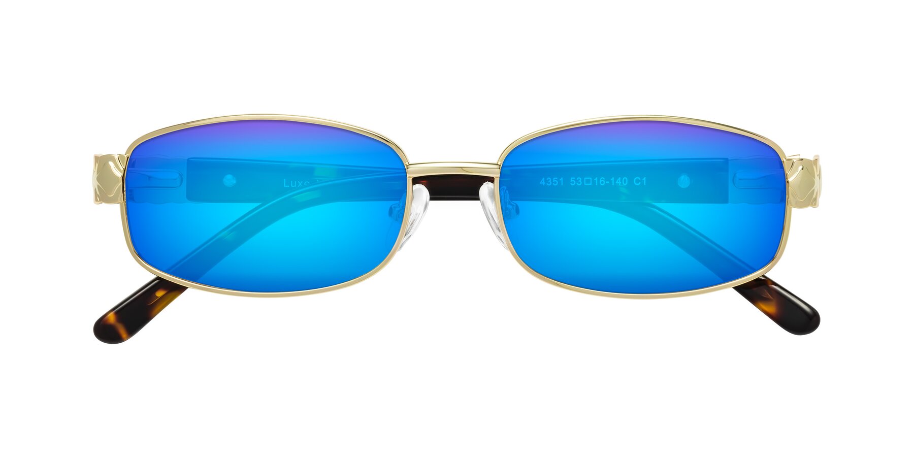 Folded Front of Luxe in Gold with Blue Mirrored Lenses