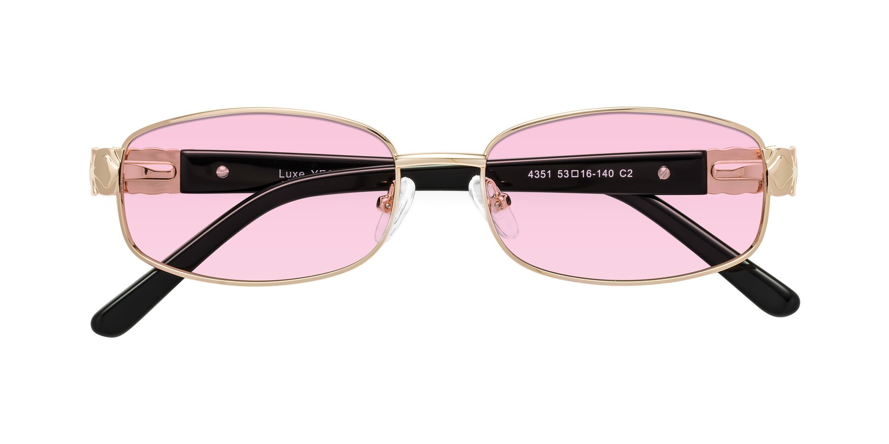 Folded Front of Luxe in Rose Gold with Light Pink Tinted Lenses