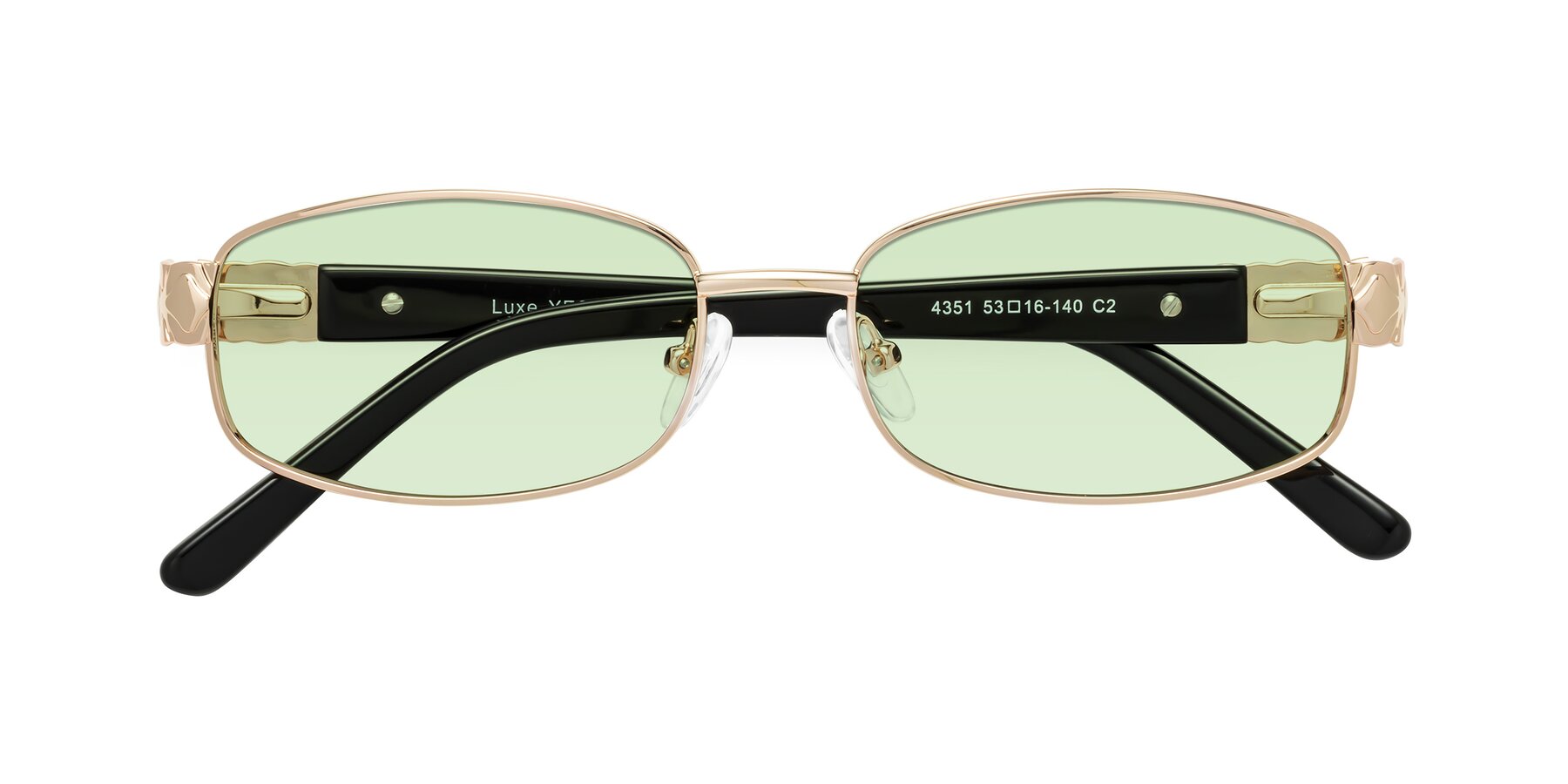 Folded Front of Luxe in Rose Gold with Light Green Tinted Lenses