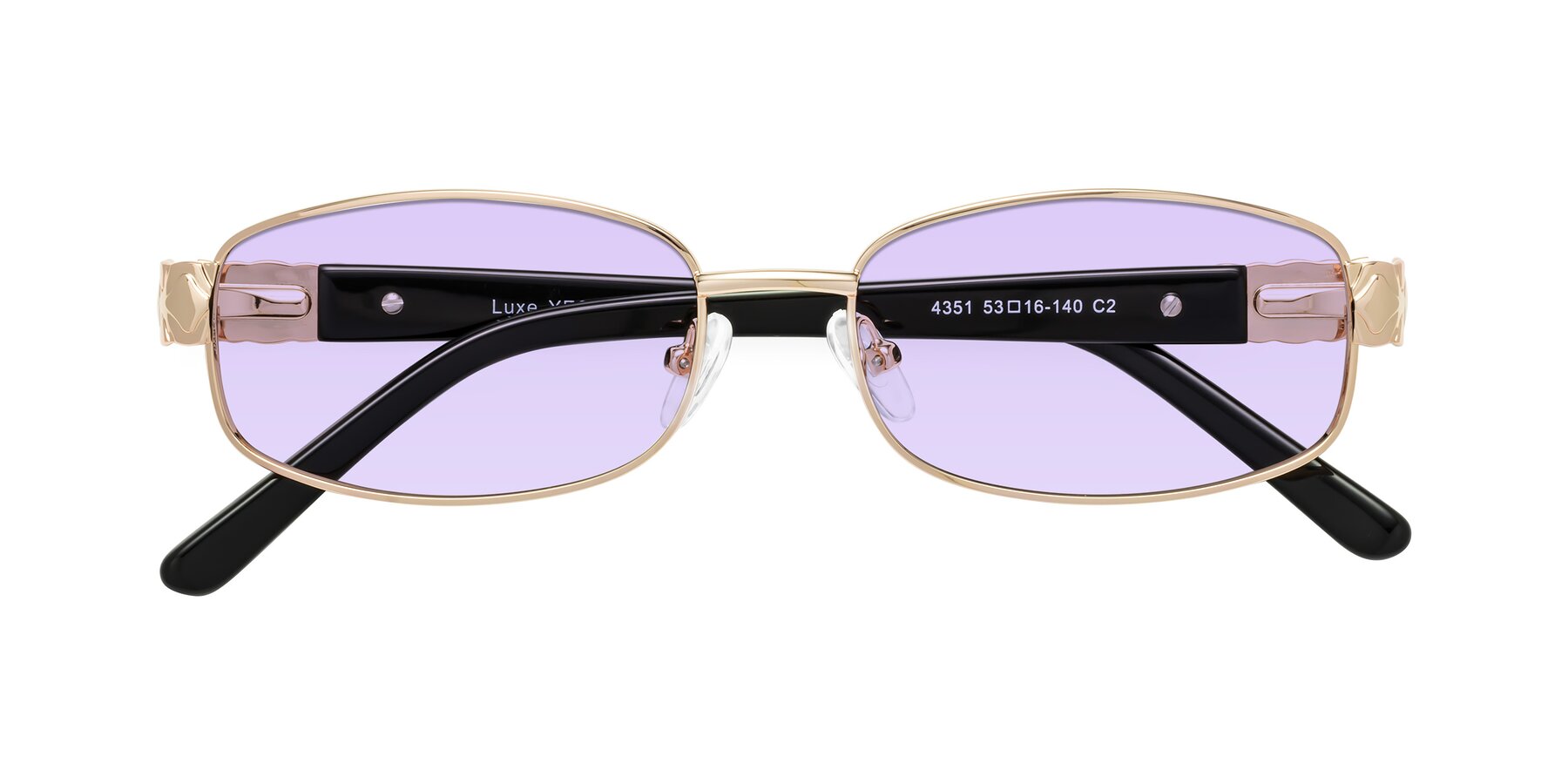 Folded Front of Luxe in Rose Gold with Light Purple Tinted Lenses